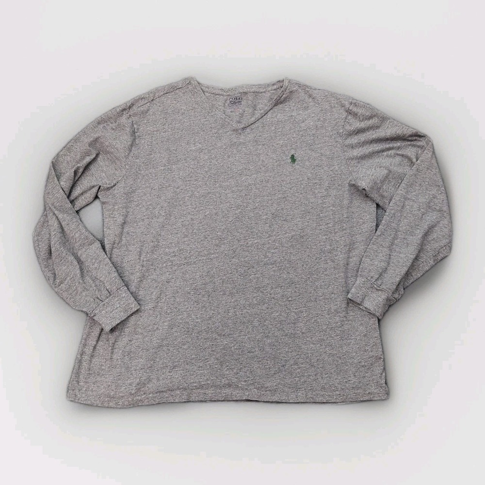 Polo Ralph Shirt Mens XXL 2XL Gray V Neck Long Sleeve Green‎ Pony Cotton Tee